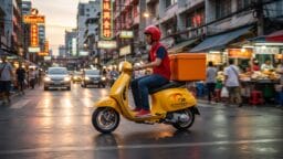 A delivery driver wearing a red helmet rides a yellow scooter with a cargo box through a busy city street at dusk.