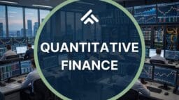 Office with multiple people at desks, computer monitors displaying financial charts, and text reading Quantitative Finance overlaid.