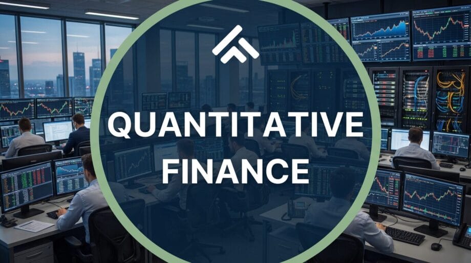 Large office with people working at desks with multiple monitors displaying financial data; Quantitative Finance text overlay.