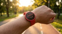 A person wearing a red smartwatch displaying heart rate data while standing on a path in a sunlit park.