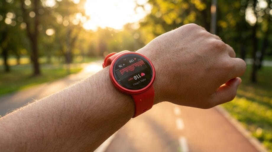 A person wearing a red smartwatch displaying heart rate data while standing on a path in a sunlit park.
