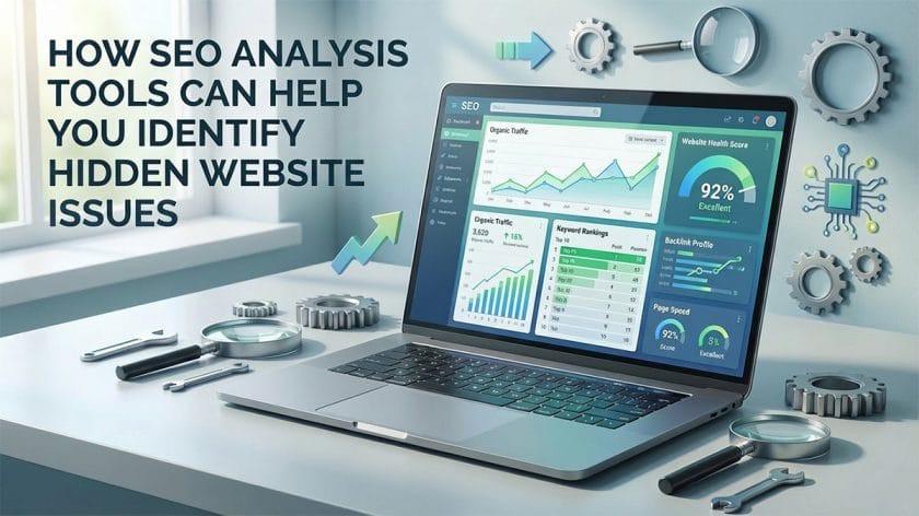 A laptop displays SEO analysis graphs and charts, surrounded by gears and tools, with text about identifying hidden website issues.