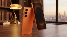 Two orange Samsung smartphones are displayed on a wooden desk in a warmly lit study with bookshelves and a window in the background.