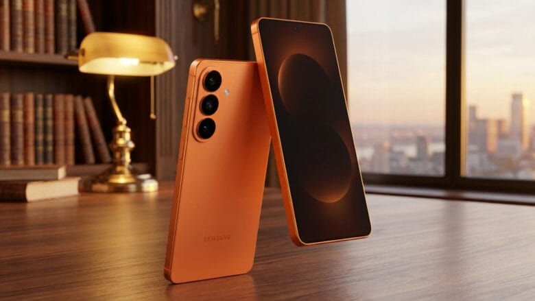 Two orange Samsung smartphones are displayed on a wooden desk in a warmly lit study with bookshelves and a window in the background.