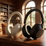 Two pairs of over-ear headphones, one white and one black, sit on a wooden desk in a sunlit library with bookshelves and armchairs.