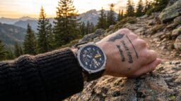 A person wearing a black watch and sweater rests their hand on a rocky surface with mountains and pine trees in the background.