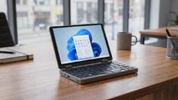 A small laptop with Windows 11 open sits on a wooden desk near a window, with a mug and papers in the background.