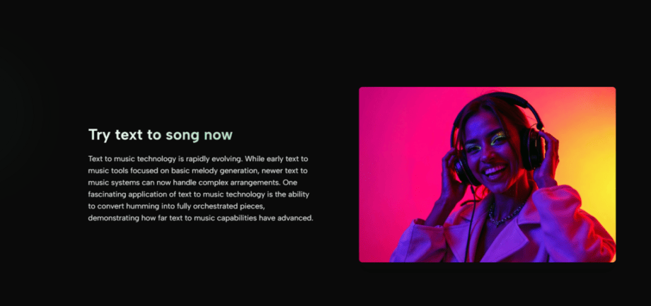 A woman in headphones smiles against a pink background; text on the left discusses advancements in text-to-music technology.