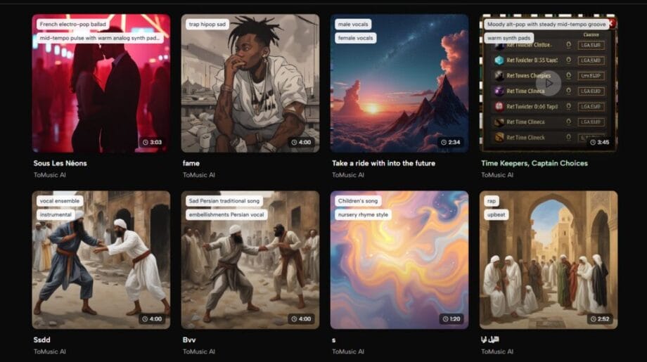 A grid of music track cards featuring various AI-generated cover art, genres, and playback or save options on ToMusic.ai digital platform.