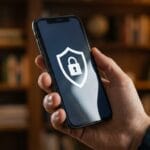 A person holds a smartphone displaying a shield with a padlock symbol, indicating security or privacy protection.