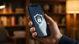 A person holds a smartphone displaying a shield with a padlock symbol, indicating security or privacy protection.