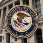 The Department of Justice seal displayed in front of a large government building.