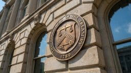 A round plaque for the U.S. Department of the Treasury, established 1789, mounted on a stone building facade.