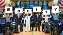 Illustration of six people holding up signs spelling EQUITY on a stock exchange trading floor with monitors and traders in the background.