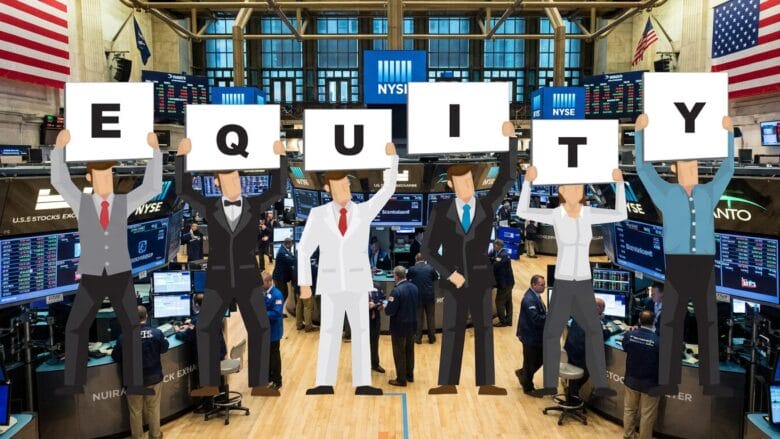 Illustration of six people holding up signs spelling EQUITY on a stock exchange trading floor with monitors and traders in the background.