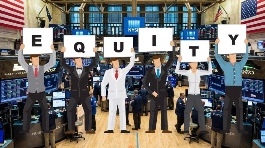 Illustration of six people holding up signs spelling EQUITY on a stock exchange trading floor with monitors and traders in the background.