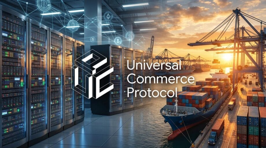 A digital graphic with server racks, shipping containers, and cranes at a port, overlaid with &ldquo;Universal Commerce Protocol&rdquo; text and logo.