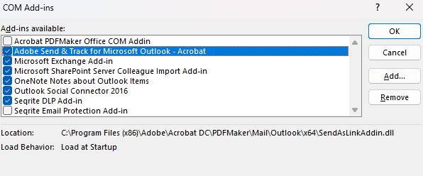 Screenshot of the COM Add-ins window in Outlook, showing a list of available add-ins with Adobe Send Track selected.