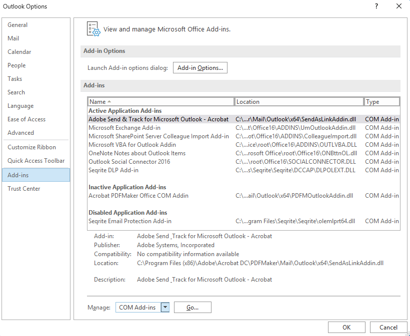 Screenshot of the Outlook Options window showing the Add-ins section with a list of active, inactive, and disabled add-ins.