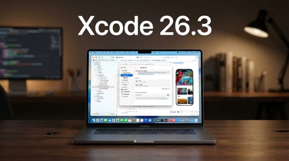 A MacBook displays the Xcode 26.3 interface on its screen, sitting on a wooden desk with a blurred background.