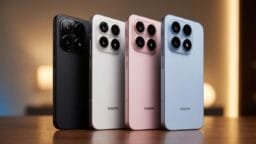 Four Xiaomi smartphones in black, white, pink, and blue are standing upright on a wooden surface with a blurry background.