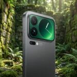 A modern smartphone with a green clock display stands upright in a moss-covered stone ruin surrounded by ferns and forest.