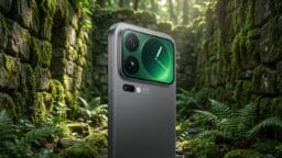 A modern smartphone with a green clock display stands upright in a moss-covered stone ruin surrounded by ferns and forest.