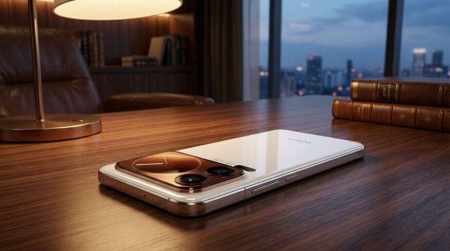 A white smartphone with dual rear cameras lies on a wooden desk near books, a lamp, and a window overlooking a cityscape at dusk.