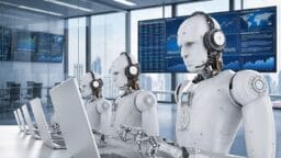 Several humanoid robots wearing headsets work at laptops in an office with large windows and digital financial data displays.