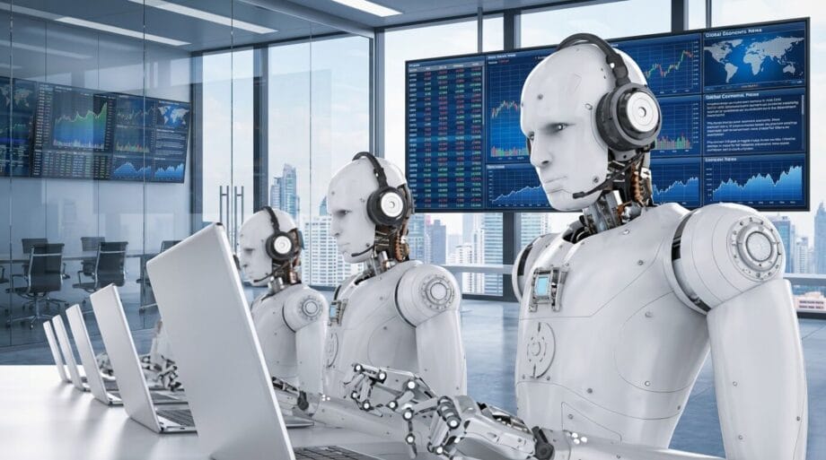 Several humanoid robots wearing headsets work at laptops in an office with large windows and digital financial data displays.