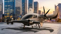 A futuristic electric vertical takeoff and landing aircraft is parked on a city rooftop at sunset, with skyscrapers in the background.