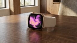 A smart watch with a pink abstract display rests on a wooden table in a sunlit room.