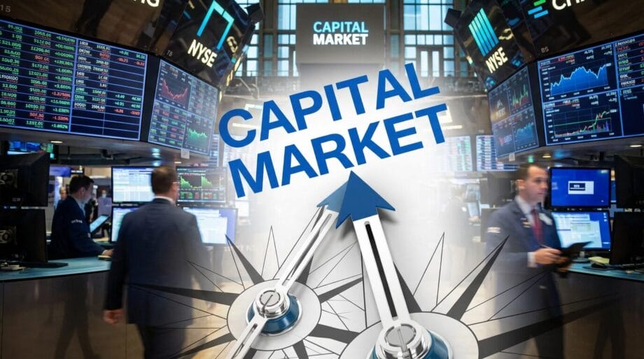Stock traders work on the trading floor with screens showing market data; CAPITAL MARKET text and upward arrows are superimposed.