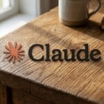 A sign reading Claude with a starburst logo sits on a wooden desk next to a mug and a closed brown notebook by a window.