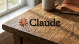 A sign reading Claude with a starburst logo sits on a wooden desk next to a mug and a closed brown notebook by a window.