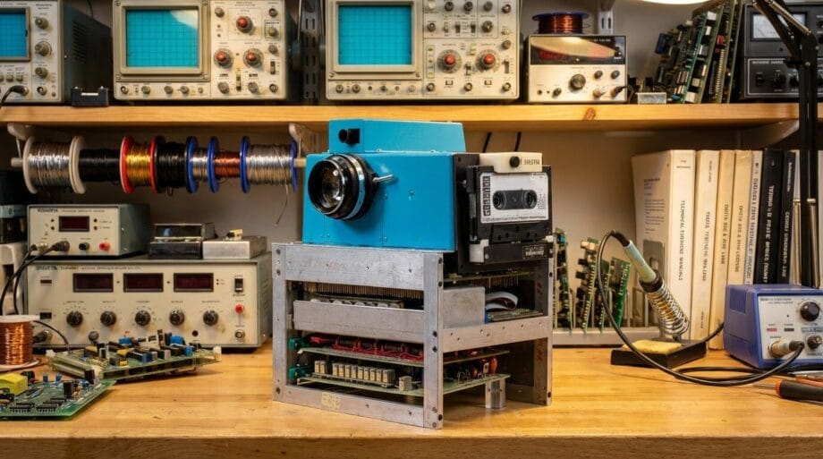 An early digital camera sits on a workbench, surrounded by electronic equipment, circuit boards, tools, and test instruments.