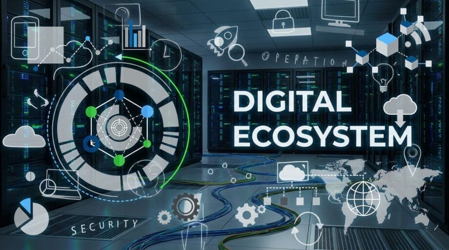 A server room with digital graphics and icons overlaid, featuring the text &ldquo;Digital Ecosystem&rdquo; in bold letters.