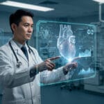 A doctor interacts with digital medical charts and a 3D heart hologram in a high-tech hospital room.