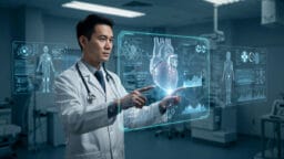 A doctor interacts with digital medical charts and a 3D heart hologram in a high-tech hospital room.