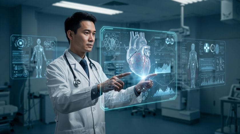 A doctor interacts with digital medical charts and a 3D heart hologram in a high-tech hospital room.