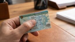 A person holds a U.S. Permanent Resident Card at a desk with office items in the background.