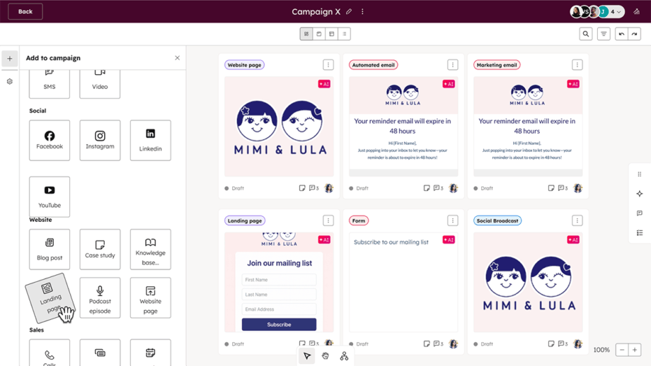 A HubSpot Marketing Hub dashboard shows campaign options and previews for social media, email, and website content for Mimi Lula.