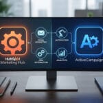 Dual-monitor display compares HubSpot Marketing Hub vs ActiveCampaign features on an office desk with branded notebooks and a keyboard.