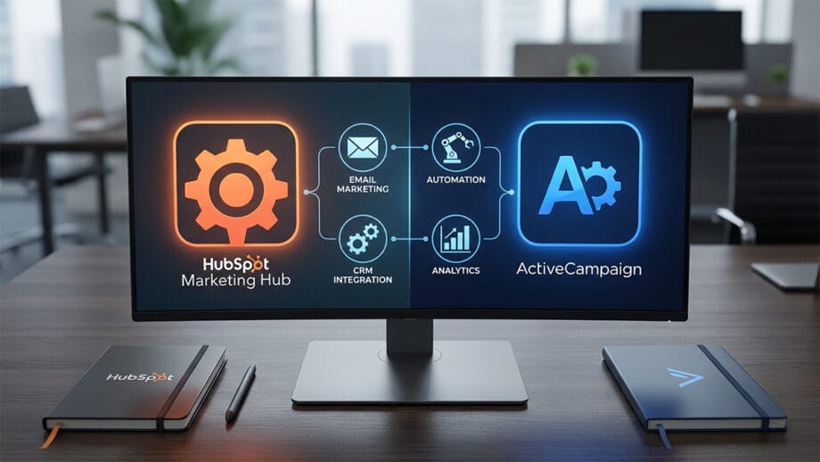 Dual-monitor display compares HubSpot Marketing Hub vs ActiveCampaign features on an office desk with branded notebooks and a keyboard.