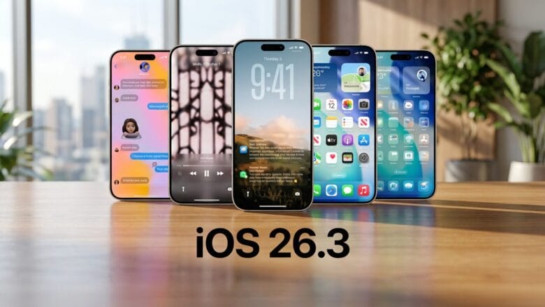 Five iPhones displaying different screens of iOS 26.3 features on a wooden table with a blurred cityscape in the background.
