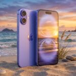 A purple smartphone stands upright on sandy beach near waves, with a sunset reflected on its screen.