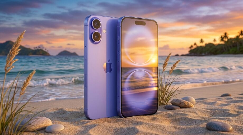 A purple smartphone stands upright on sandy beach near waves, with a sunset reflected on its screen.