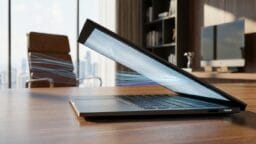 A partially closed laptop sits on a wooden desk in a modern office, with digital lines suggesting airflow or data movement.