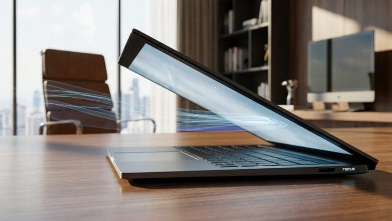 A partially closed laptop sits on a wooden desk in a modern office, with digital lines suggesting airflow or data movement.