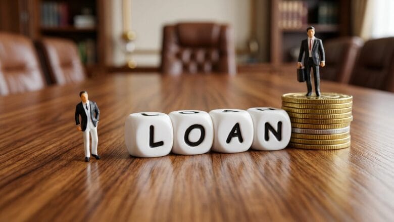 Dice spelling LOAN on a wood table with two figurines, one beside the dice and one standing on stacked coins.